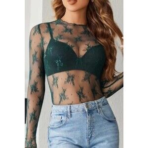 1I1399 DG Lace Mesh Sheer Top Dark Green Various Sizes